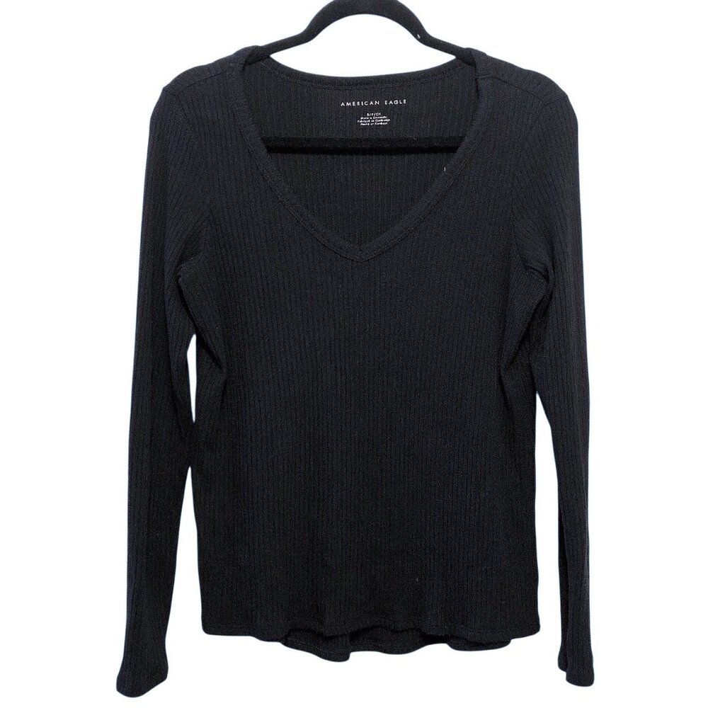 American Eagle Solid Black V-Neck Long Sleeve Rib… - image 1